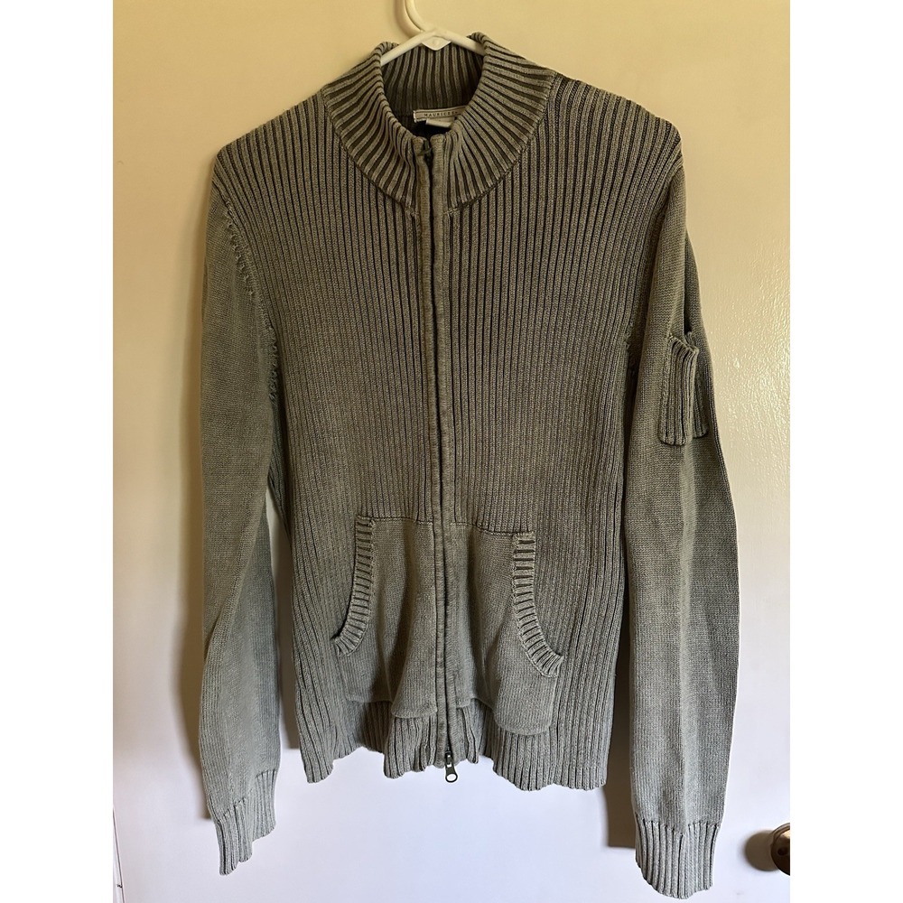 Olive Green Ribbed Knit Full Zip Sweater Women's LG 100% Cotton Pockets EC
